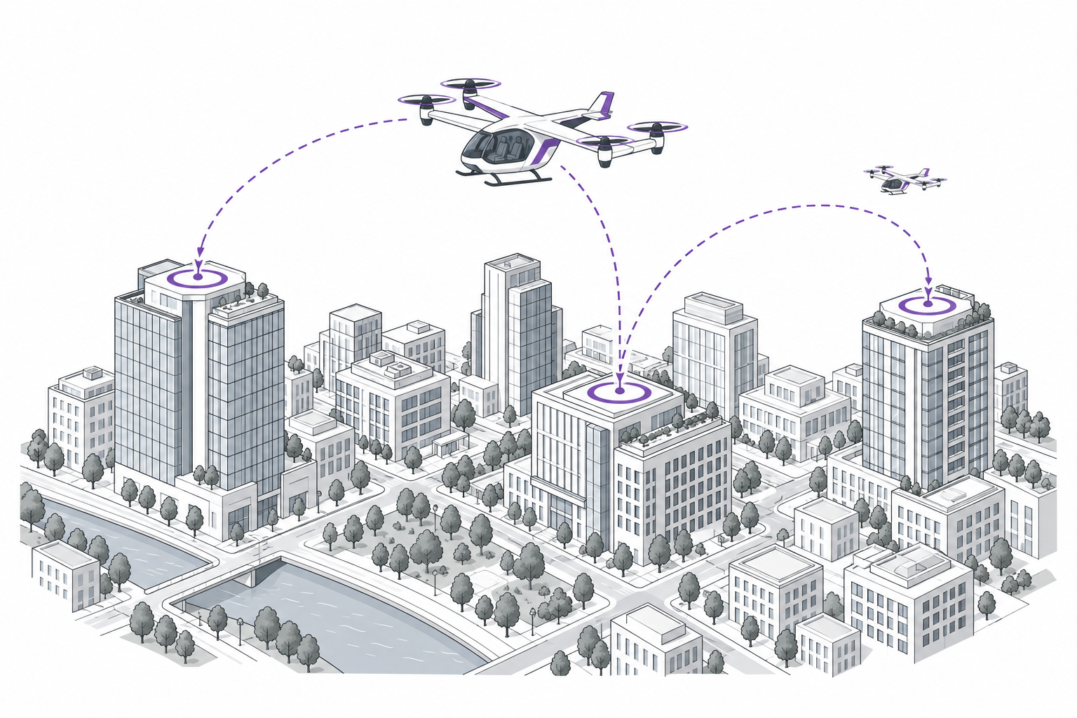 Conceptual urban air mobility network: passenger eVTOL aircraft connect three rooftop vertiports along purple flight routes over a gray city.